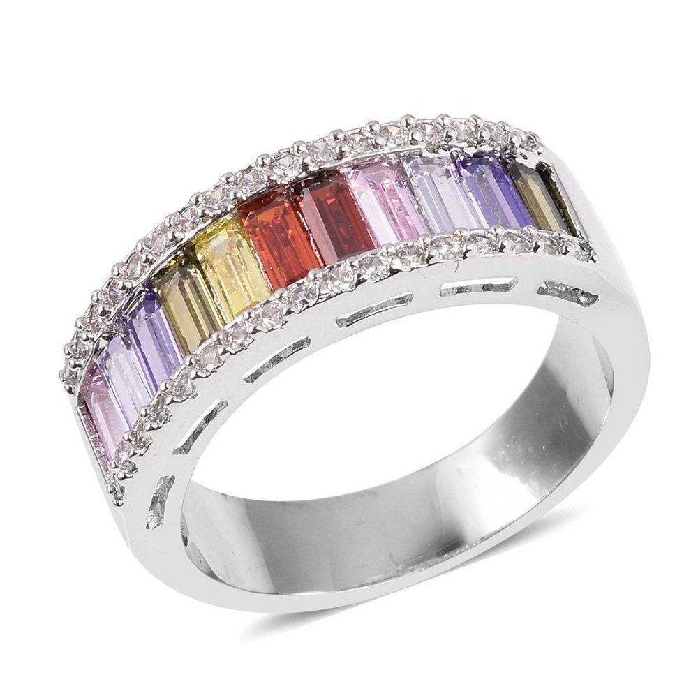 Ring Simulated Multi Color Diamond Silvertone